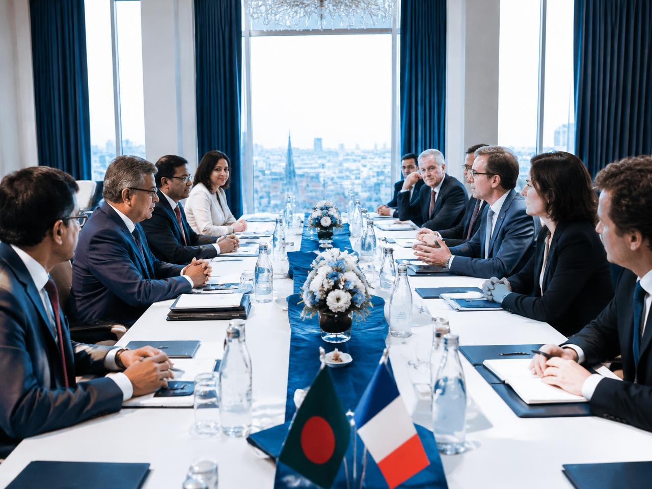 French and Bangladeshi executives in a boardroom meeting